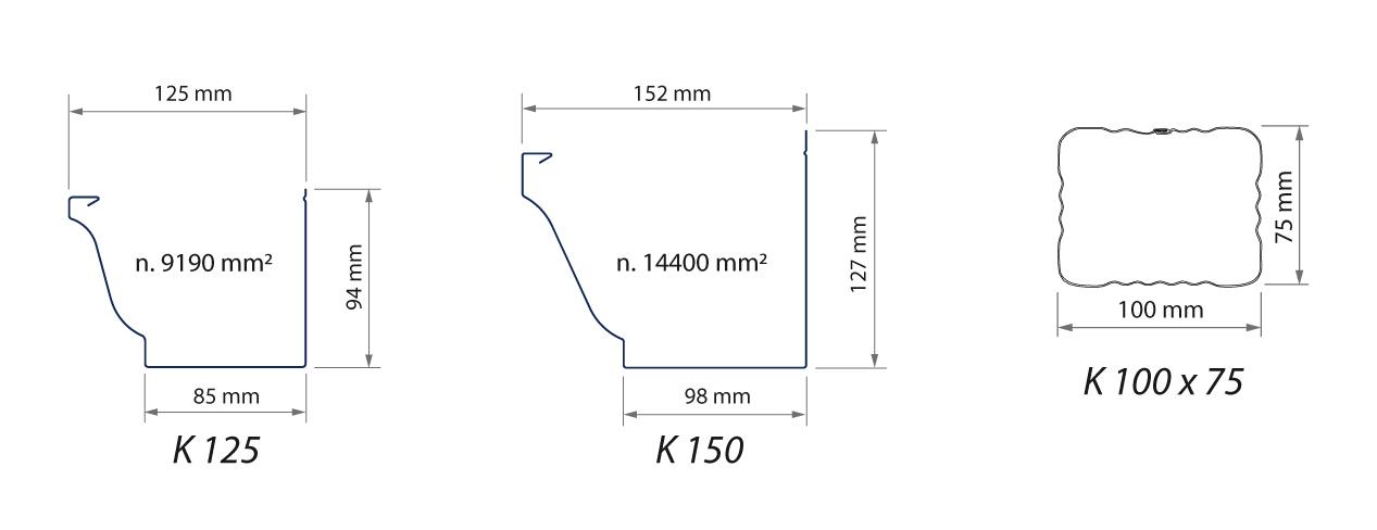 Dimensions for K-style gutters and down pipe.